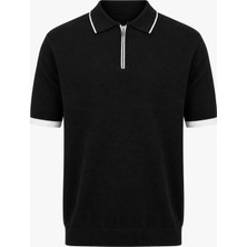 Trender Yarım Fermuarlı Siyah - Beyaz Erkek Polo Yaka T-Shirt 17354