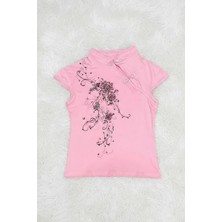 Köstebek Pembe Mandarin Yaka Çiçekli Qipao Vintage Y2K Kısa Kollu Crop