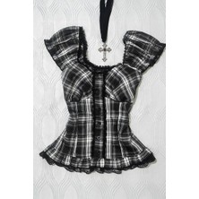 Köstebek Siyah Beyaz Ekoseli Vintage Dantelli Kare Yaka Y2K Kısa Kollu Crop
