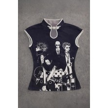 Köstebek Siyah Anime Nana Qipao Vintage Y2K Kısa Kollu Crop