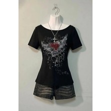 Köstebek Siyah Rose Red Heart Gotik Y2K Kısa Kollu Crop