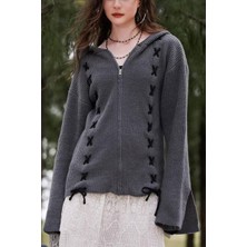 Köstebek Füme Bağcık Detaylı Kapüşonlu Gotik Unisex Hırka
