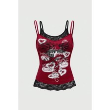 Köstebek Bordo Gotik Coquette Love Dantel Detaylı Y2K Askılı Crop