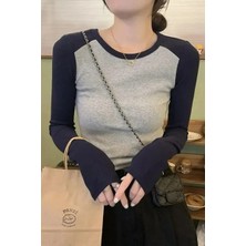 Köstebek Lacivert Raglan Kollu Gri Melanj Basic Y2K Uzun Kollu Crop