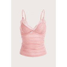 Köstebek Pembe Dantel Detaylı Fiyonklu Y2K Askılı Crop