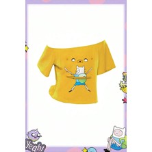 Köstebek Sarı Adventure Time Finn And Jack Omuz Dekolteli Y2K Kısa Crop