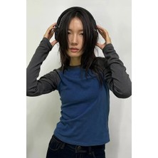 Köstebek Füme Raglan Kollu Lacivert Basic Y2K Uzun Kollu Crop