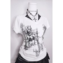 Köstebek Beyaz Anime Sword Tribal Gotik Ek Askılı Y2K Kısa Kollu Crop