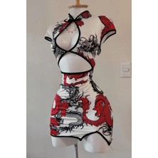 Köstebek Beyaz Ejderha Motifli Pencere Detaylı Şeritli Qipao Elbise