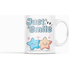 Nino Store Just Smile Yazılı Kawaii Yıldız Tasarımlı  Sevimli Porselen Kahve 300 ml Kupa Bardak