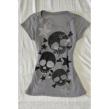 Köstebek Gri Skull Yıldız Detaylı Baskılı Grunge Y2K Kısa Kollu Crop
