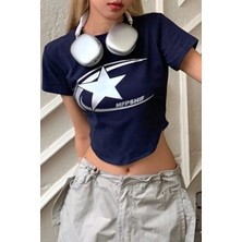 Köstebek Lacivert Cosmos Star Grunge Y2K Kısa Kollu Crop