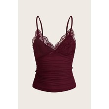 Köstebek Bordo Dantel Detaylı Fiyonklu Y2K Askılı Crop