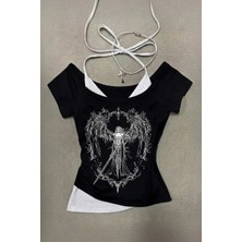 Köstebek Siyah Sword Warriror Angel Madonna Yaka Ek Askılı Full Body Y2K Kısa Kollu Crop
