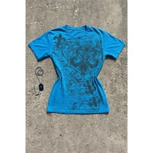 Köstebek Mavi Fleur-De-Lis Gotik Y2K Kısa Kollu Crop