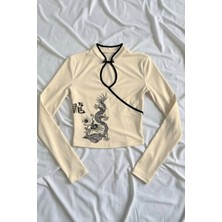 Köstebek Ekru Mandarin Yaka Ejderha Motifli Vintage Qipao Y2K Uzun Kollu Crop