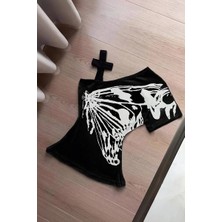 Köstebek Siyah Kelebek Kanatlı Askılı Grunge Y2K Kısa Kollu Crop