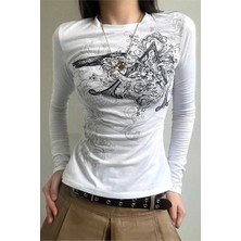 Köstebek Beyaz Vintage Punk Patterned Harajuku Y2K Uzun Kollu Crop