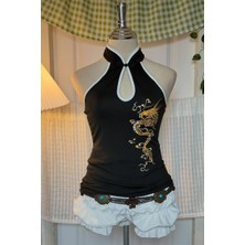 Köstebek Siyah Dragon Embroidered Keyhole Harajuku Asian Y2K Askılı Crop