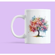 Nino Store Renkli Ağaç Tasarımlı Sanatsal Floral Desenli Porselen Kahve  300 ml  Kupa Bardak