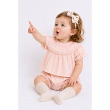 Ozz Baby Cassiope %100 Pamuk 6 (68 Cm) / 9 (74CM) / 12 (80CM) Kız  Bebek Kısa Kollu Yakası Fırfırlı Fistolu Altı Şort Ikili Yazlık Takım Bayramlık