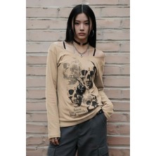 Köstebek Bej Gotik Skulls Askılı Y2K Uzun Kollu Crop