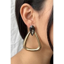 Petek Aksesuar Damla Taşlı Büyük Üçgen Metal Küpe 7 Cm.