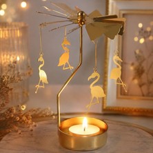 Hediye Fikri Isı ile Dönen Flamingo Figürlü Mumluk – Dekoratif Altın Renk Döner Şamdan (13 Cm)