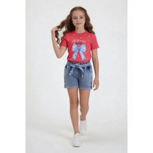 Cansın Mini Pembe Fiyonk Desenli Badili Kuşaklı Jean Şortlu Kız Çocuk Takım 24093