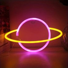 Ada Çanta Kırtasiye Satürn Neon Işık Gece Lambası Ister Pilli Ister USB Kullanım Pembe/sarı