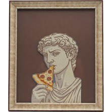 Pizza Yiyen Antik Adam Temalı Dokuma Etiket Çerçeveli Tablo