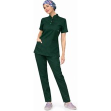 Başaran Uniforma Likralı Koyu Yeşil Slim Fit Bayan Premium Scrubs Takım