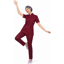 Başaran Uniforma Likralı Bordo Slim Fit Bayan Premium Scrubs Takım