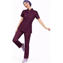 Başaran Uniforma Likralı Mürdüm Slim Fit Bayan Premium Scrubs Takım