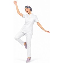 Başaran Uniforma Likralı Beyaz Slim Fit Bayan Premium Scrubs Takım