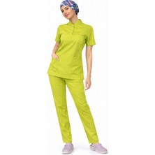 Başaran Uniforma Likralı Yağ Yeşili Slim Fit Bayan Premium Scrubs Takım