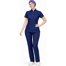 Başaran Uniforma Likralı Yeni Lacivert Slim Fit Bayan Premium Scrubs Takım