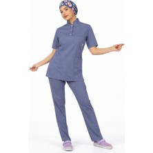 Başaran Uniforma Likralı Fırtına Mavisi Slim Fit Bayan Premium Scrubs Takım