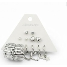 Stainless Steel Gümüş Renk 12 Adet (6 Çift) Küpe Set 10