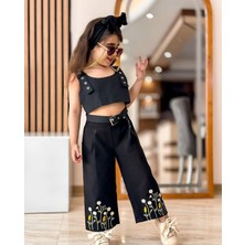 Sy Store Kız Çocuk Nakış Detaylı Crop Top ve Geniş Paça Pantolon Takımı