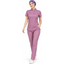 Başaran Uniforma Likralı Pudra Slim Fit Bayan Premium Scrubs Takım
