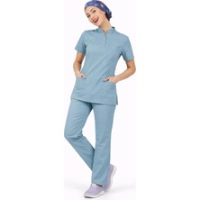 Başaran Uniforma Likralı Duman Mavisi Slim Fit Bayan Premium Scrubs Takım