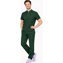 Başaran Uniforma Likralı Koyu Yeşil Erkek Premium Scrubs Takım