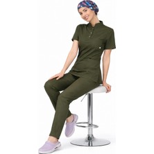 Başaran Uniforma Likralı Haki Slim Fit Bayan Premium Scrubs Takım