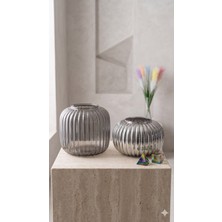Leylart 2li Cam Dekoratif Çizgili Vazo Seti Füme