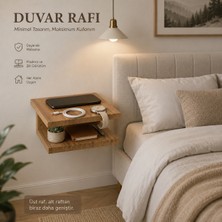Aladağ Home Minimalist Duvar Tipi Ceviz Yatak Yanı Raf – 2 Katlı Telefon ve Saat Rafı 30X25 cm