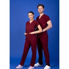 Başaran Uniforma Unisex Kalıp Bordo Likralı Hemşire / Doktor Forması Scrubs (Takım)