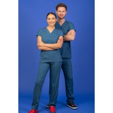 Başaran Uniforma Unisex Kalıp Indigo Likralı Hemşire / Doktor Forması Scrubs (Takım)