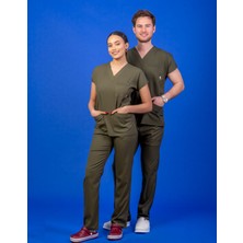 Başaran Uniforma Unisex Kalıp Haki Yeşil Likralı Hemşire / Doktor Forması Scrubs (Takım)