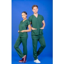 Başaran Uniforma Unisex Kalıp Avcı Yeşili Likralı Hemşire / Doktor Forması Scrubs (Takım)